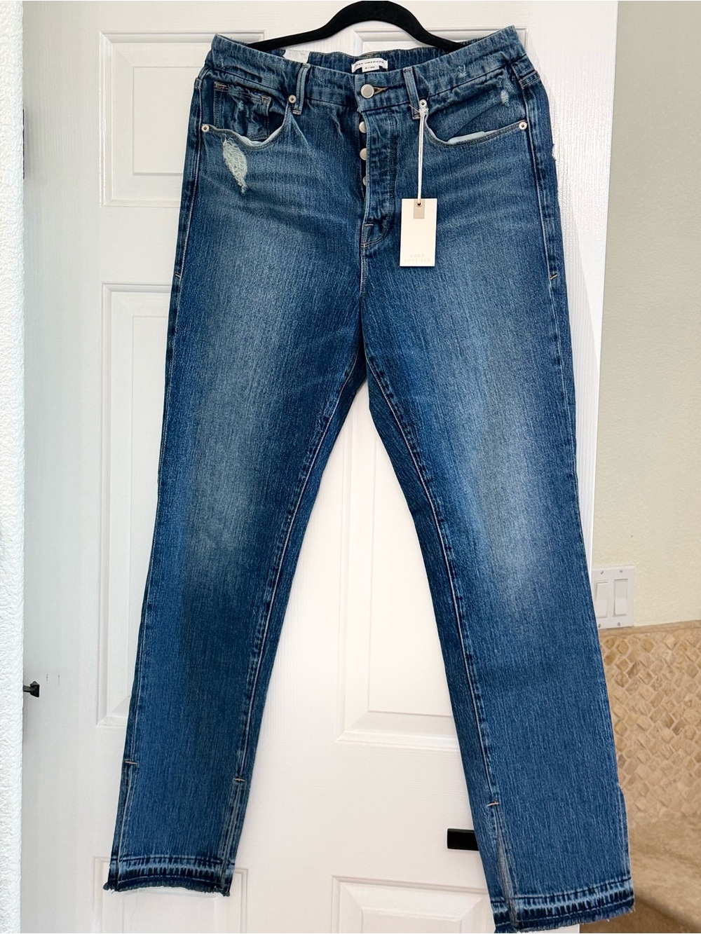 Good American Distressed Mid Blue Straight-Leg Jeans